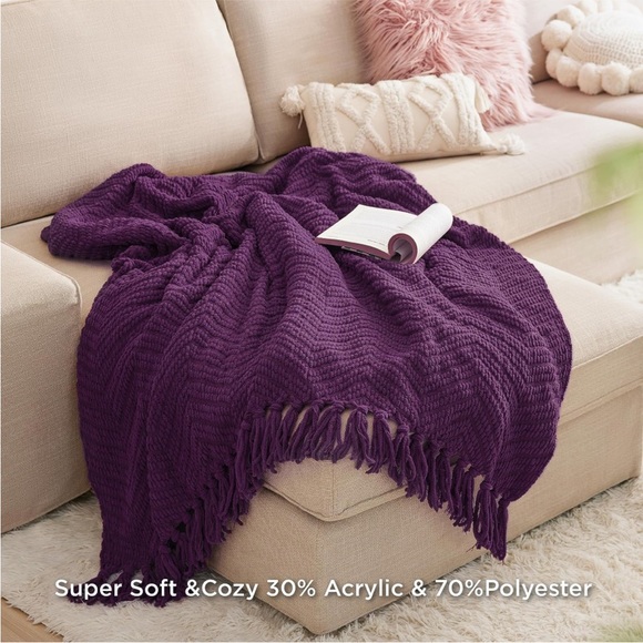 West Elm Purple Chevron Tassel Fringe Blanket Fall Winter for Couch/Bed/Gift - Picture 4 of 14